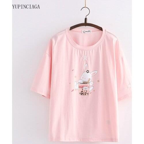 Women Harajuku Print Rabbit T Shirt Short Sleeve Cotton Tops Tees For Girls 2021 Summer Casual Pink T Shirts Femme 2116907