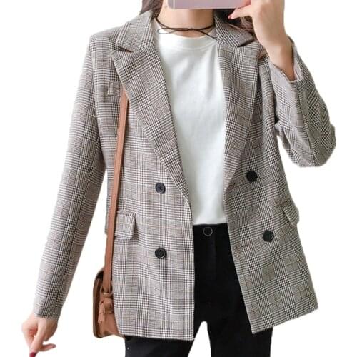 Plaid Blazer Women 2018 Double Breasted Winter Coat Women Blazers Feminina Casual Work Suit Long Sleeve Jacket Femme Khaki Chic