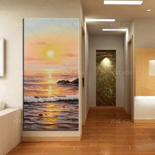 100% Handmade Sea Wave and Sun Painting Scenery Picture Art Canvas Painting Wall Pictures For Living Room Decoration