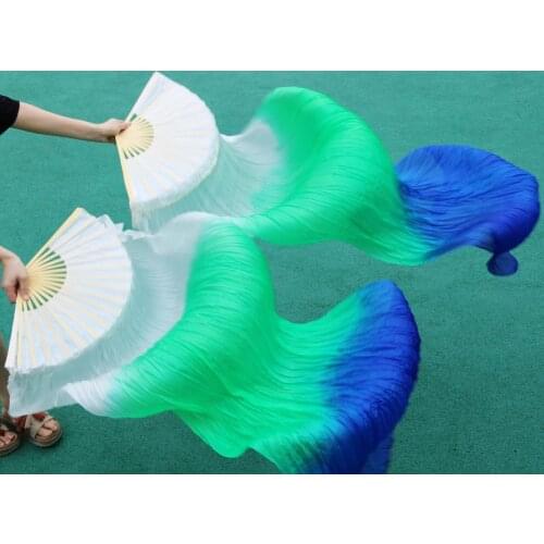 2016 female high quality Chinese silk veils dance fans Pair of belly dancing fans cheap hot sale white+green+royal blue