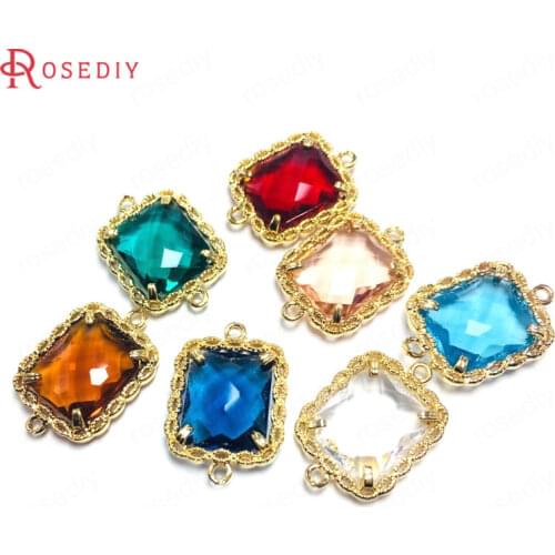38624)10PCS 10x12MM 24K Champagne Gold Color Brass and Glass 2 Holes Rectangle Connect Charms Pendants Jewelry Diy Accessories