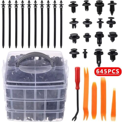 630pcs 16 Different Sizes Car Retainer Plastic Fasteners Push Trim Clips Pin Rivet Bumper Kit with Screwdriver Cable Ties Rocker