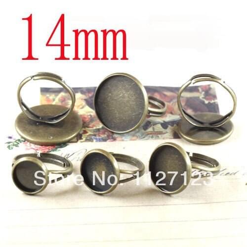 Free shipping!!!!!100Pcs 14mm antique brass plated bezel ring blanks with a cutout band, lead, Adjustable backs