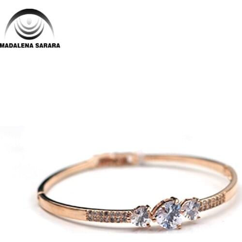 MADALENA SARARA AAAA Zircon Inlaid Bracelet Gold Tone Copper Bracelet Inlaid Three Heart Women Jewelry Luxury Easy Open