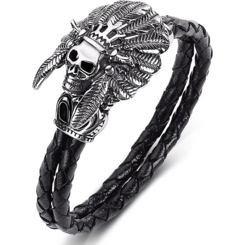Stainless Steel Indian Chief Skull Genuine Leather Bracelet Men Punk Rock Jewelry Fashion Bangles Male Braided Wrist Band P528