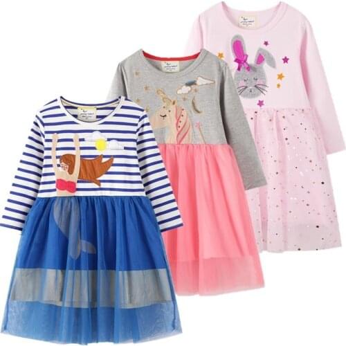 Kids Dresses For Girls 1-7 Years Baby Girls Mesh Dress Toddler Girls Long Sleeve Cartoon Dresses Cotton Fashion Princess Dress