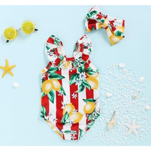 Sea Beach Baby Girl Clothes Swimsuit Bowkont Headband Sets 0-3 Years Lemon Flowery Bodysuits for Infants Kids Children Toddler