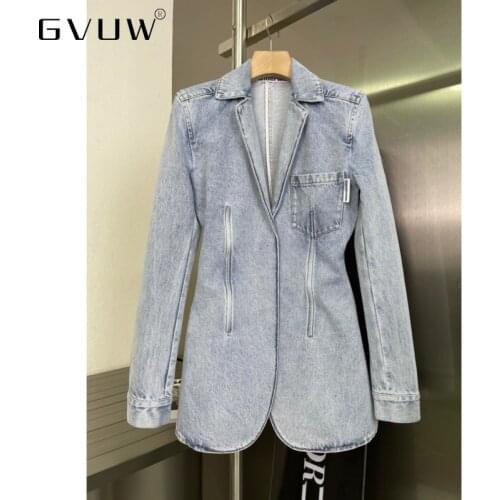 GVUW 21 early autumn niche fashion fishbone close waist hem slit suit cowboy coat female wholesale clothes jeans jacket women