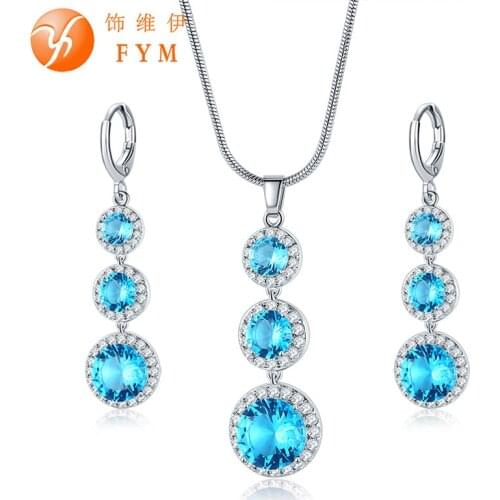 FYM 6 Colors Round Cubic Zirconia Party Jewelry Sets Silver Color Necklace/Earrings Wedding Jewelry Sets Trendy Accessories