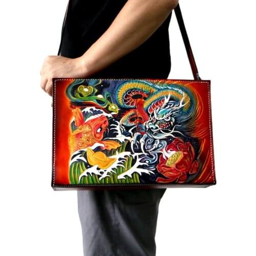 Handmade Men Vegetable Tanned Leather Carvings Dragon And Fish Bag Money Holder Clutch Purse Cigarette Pocket Man Clutches