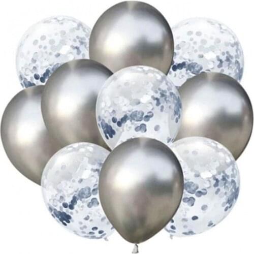 Kidspartim 10 'lu Silver Konfetili Chrome Silver Balloon Set party material