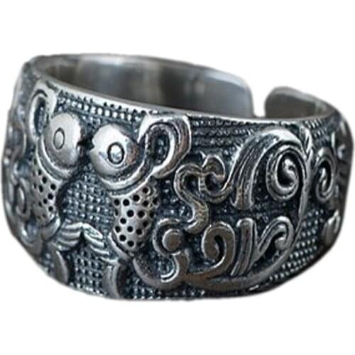 New solid s990 silver woman ring Thai silver ethnic style eight treasures auspicious double fish snail good luck ring for woman