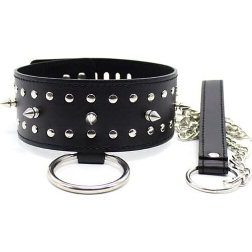 PU Leather Rivets Neck Collars with Chain Fetish S&M Slave BDSM Bondage Restraints Sex Products for Couples Sex Toys Women Men