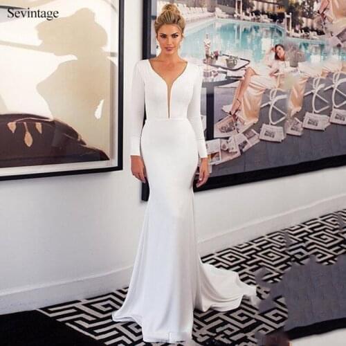 Sevintage Mermaid Satin Wedding Dresses Boho Long Sleeve V Neck Bridal Gowns Country Spring Buttons Bride Dress Custom Made