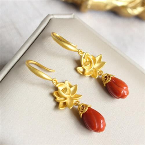 Natural South Red Agate Earrings S925 Sterling Silver Gold-Plated Lotus Popular High-Grade Personalized Ethnic Style Earrings Ea