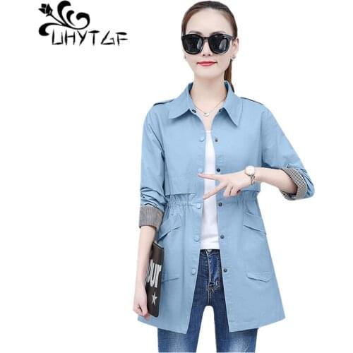 UHYTGF Spring autumn trench coat solid color wild thin top women clothes long-sleeved slim 3XL Plus size Windbreaker Female 1364