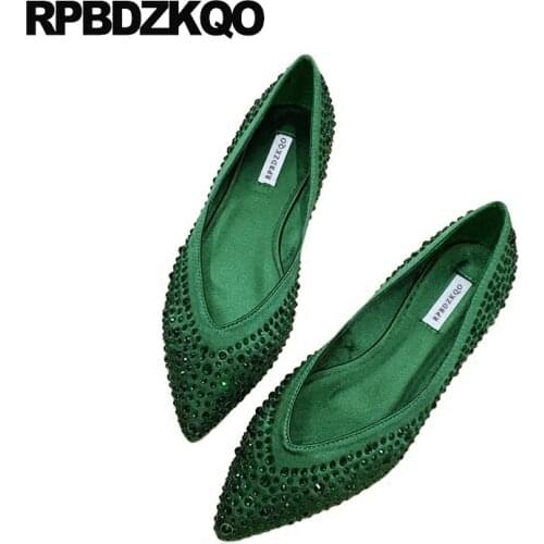 Green Slip On Diamond Pointed Toe Satin Rhinestone Red Wine Soft Ladies Beautiful Flats Shoes Women Cheap China Chinese Crystal