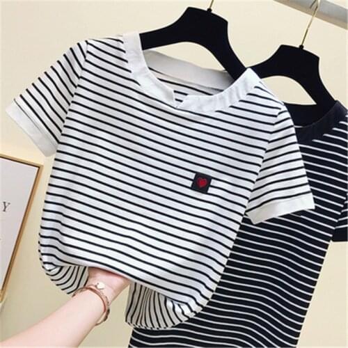 High Quality New Femme Stripe T Shirt Women Cotton Slim T-Shirt Woman Summer O collar Short Sleeve T-Shirt Top Casual blusas