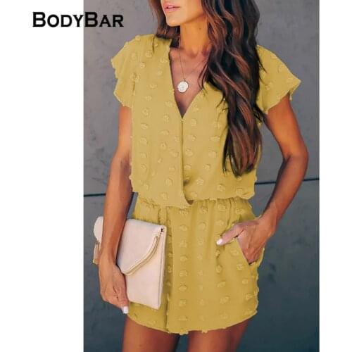 Short-sleeve V-neck Jumpsuit Casual Embroidery Polka Dot Playsuit Women 2021 New Arrivals Office Plus Size Clothes Femme Romper