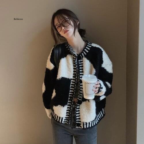 Cow Pattern Print Single-Breasted Button Thick Sweater Cardigan Female Black and White Crew Neck Elegant Chic