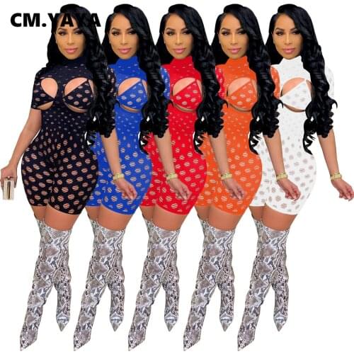 CM.YAYA Women Gauze See Hollow Out Playsuit with Bra Sexy Party Skinny Rompers Short Sleeve Turtleneck One Piece Overall Outfits