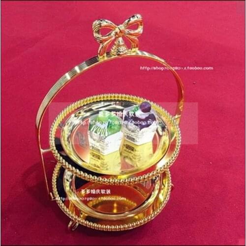 1PCS European retro gold double layer bow snack cake rack wrought iron fruit plate baking West Point display stand