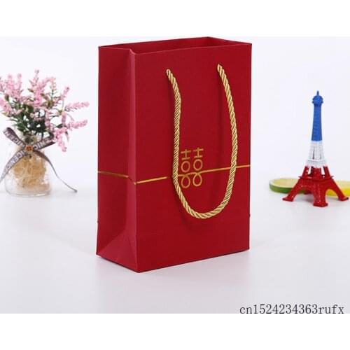 200 Pcs Red Paper Gift Bags Double Happiness Wedding Party Favors Bags with Handle Candy Sweets Packaging Bag