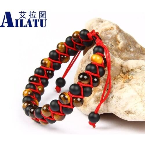 Ailatu 2 Row Bracelet Stone Beads String Braiding Jewelry Tiger Eye & Matte Onyx Rope Chain Friendship Gift Print Logo Service