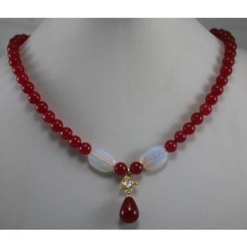 Free shipping 1row Hot Jewelry 8mm red jade opal Jade Pendant Necklace 17
