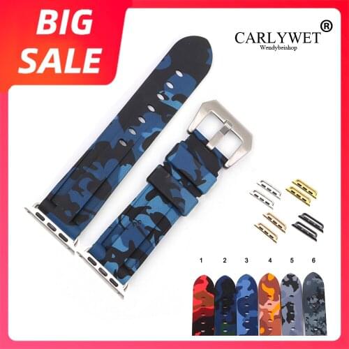 CARLYWET 38 40 42 44mm Camo Blue Red Waterproof Silicone Rubber Replacement Wrist Watch Band Loops For Iwatch Series 4/3/2/1
