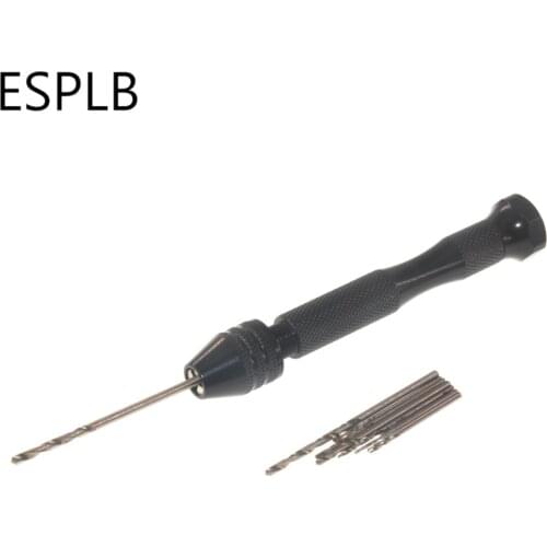 Black Mini Hand Drill Bit with 10pcs Twist Drill Bits Manual Chuck Aluminum Alloy Hand Drill