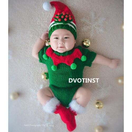 Dvotinst Newborn Photography Props for Baby Crochet Knit Green Christmas Outfits Clothes Rompers Fotografia Accessory Photo Prop