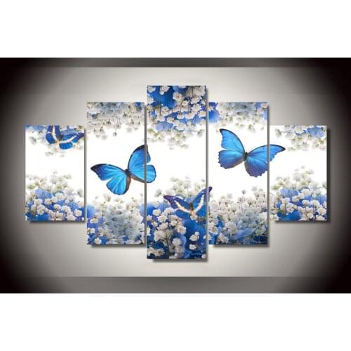 HD Printed 5 piece canvas art blue butterfly living room sofa background wall Painting decorative pictures Free shipping