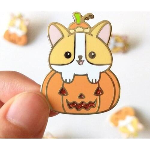 Halloween Kawaii Cartoon Pumpkin Corgi Enamel Brooch Pin Backpack Hat Bag Collar Lapel Pins Badges Fashion Jewelry Accessories