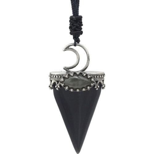 KFT Retro Silver Plated Triangle Shape Necklace Natural Healing Black Agates Labradorite Stone Pendant Reiki Amulet Jewelry