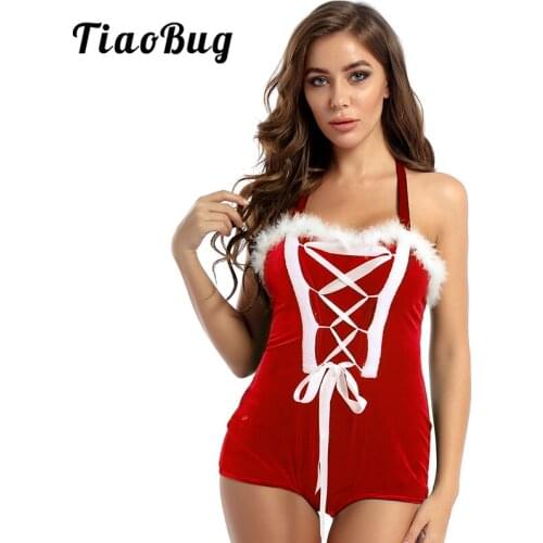 TiaoBug Women Flannel Faux Fur Romper Bodysuit Jumpsuit Sexy Christmas Costume Santa Clothes Rabbits Cosplay Rave Party Dress Up