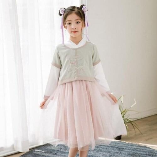 DFXD Girls Hanfu Suit Chinese Style Embroidery Top+Mesh Patchwork Dress Two Piece Girls Princess Sets For 3-12Yrs Teen Clothing