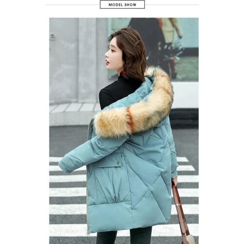 Mid Length Winter Jackets Women 2021Loose Fur Collar Casual Hooded Down Jacket Pockets Fashion Clothes Y331