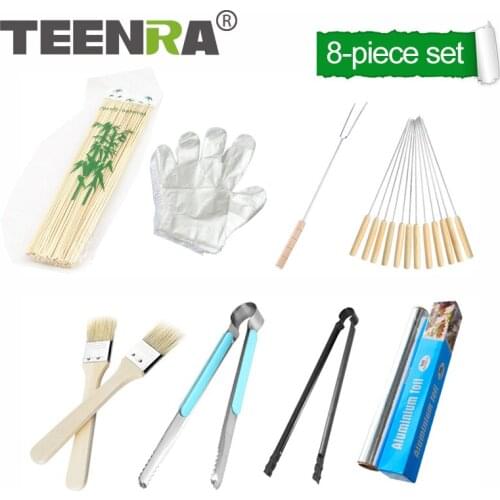 TEENRA 8Pcs/Set BBQ Tools Set Stainless Steel Barbecue Utensil BBQ fork Barbecue Clip BBQ Accessories Picnic Camping Tools