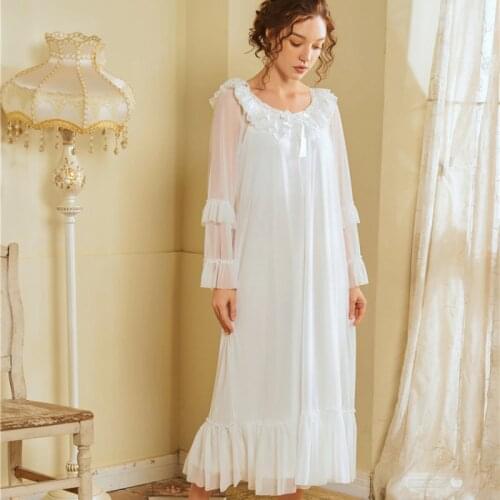 Victorian Night Dress Women Autumn Mesh Cotton Long Sleepwear Lace Peignoir Romantic Vintage Nightgowns Elegant Ladies Nightwear
