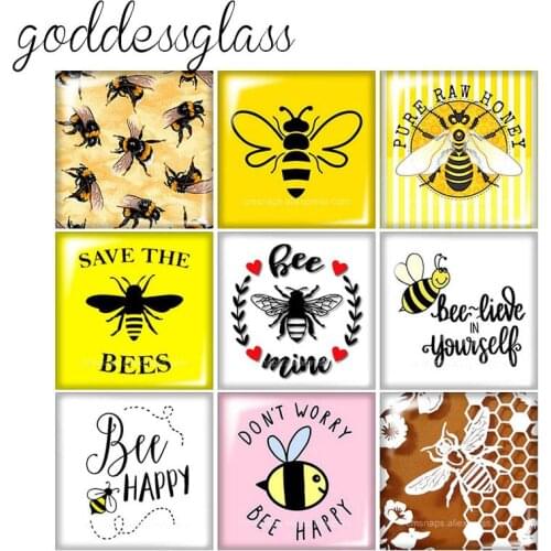 New Cute Bee Save the bees bee happy Square 10pcs mixed 12mm/20mm/25mm/30mm photo glass cabochon demo flat back Making findings