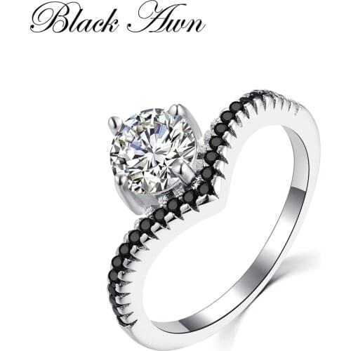 Engagement Rings for Women Genuine 100% 925 Sterling Silver Jewelry Black&White Stone Round Bijoux Bague C222