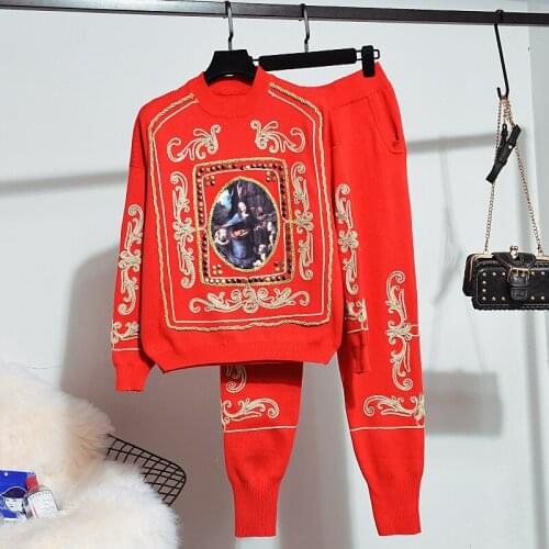 Autumn Women Fashion Knit Two Piece Set Casual Painting Embroidery Knitted Sweater + Harlan Small feet Pants Women Streetwear