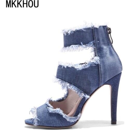 MKKHOU Fashion Sandals Womens New Summer Shoes Simple Denim Fish Mouth Fine Heels 9.5 cm Ladies All-match High Heels Large Size