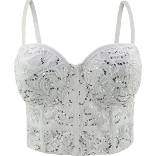ShesModa Lace Sequins Bustier Push Up Night Club Bralette Womens Bra Cropped Top Vest Corset Plus Size