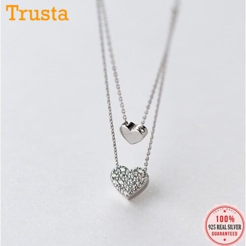 TrustDavis Real 925 Sterling Silver Fashion Romantic Double Heart Chain Necklace For Women Wedding Valentines Day Jewelry DB296