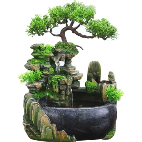 EU Plug,Indoor Simulation Resin Rockery Waterscape Feng Shui Water Fountain Home Desktop Decoration Crafts
