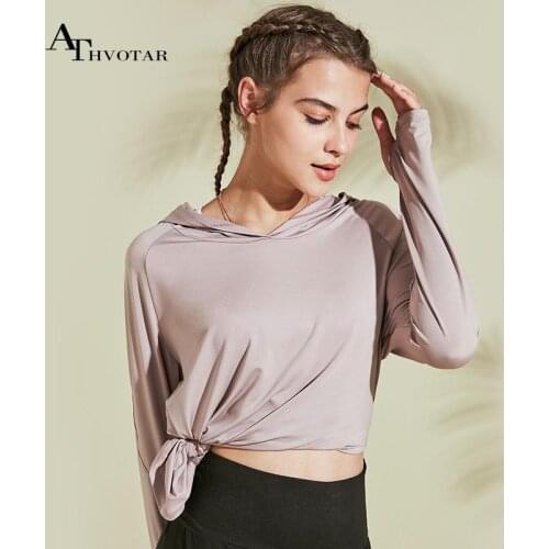 ATHVOTAR Yoga Long Sleeved Shirt Top Women Loose Hooded Running T-Shirt Breathable Quick-Dry Fitness Clothing Sports Female