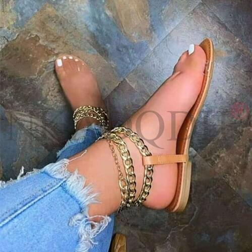 Women Summer Basic Flats Shoes Woman PVC Sandals Leather Plus Size Flip Thong Gothic Chain Sandalias Mujer Sapato Feminino
