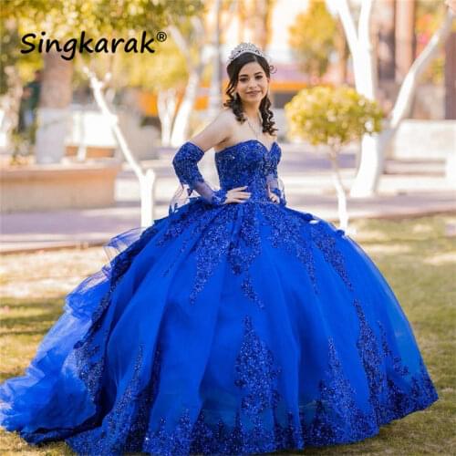 2021 Royal Blue Ball Gown Princess Quinceanera Dress with Appliques Beaded Flowers Party Sweet 16 Gown Vestidos De 15 Años XV